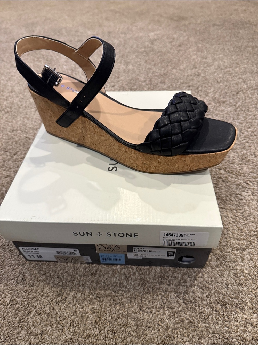 Sun + Stone Black Woven Strap Cork Wedge Sandals